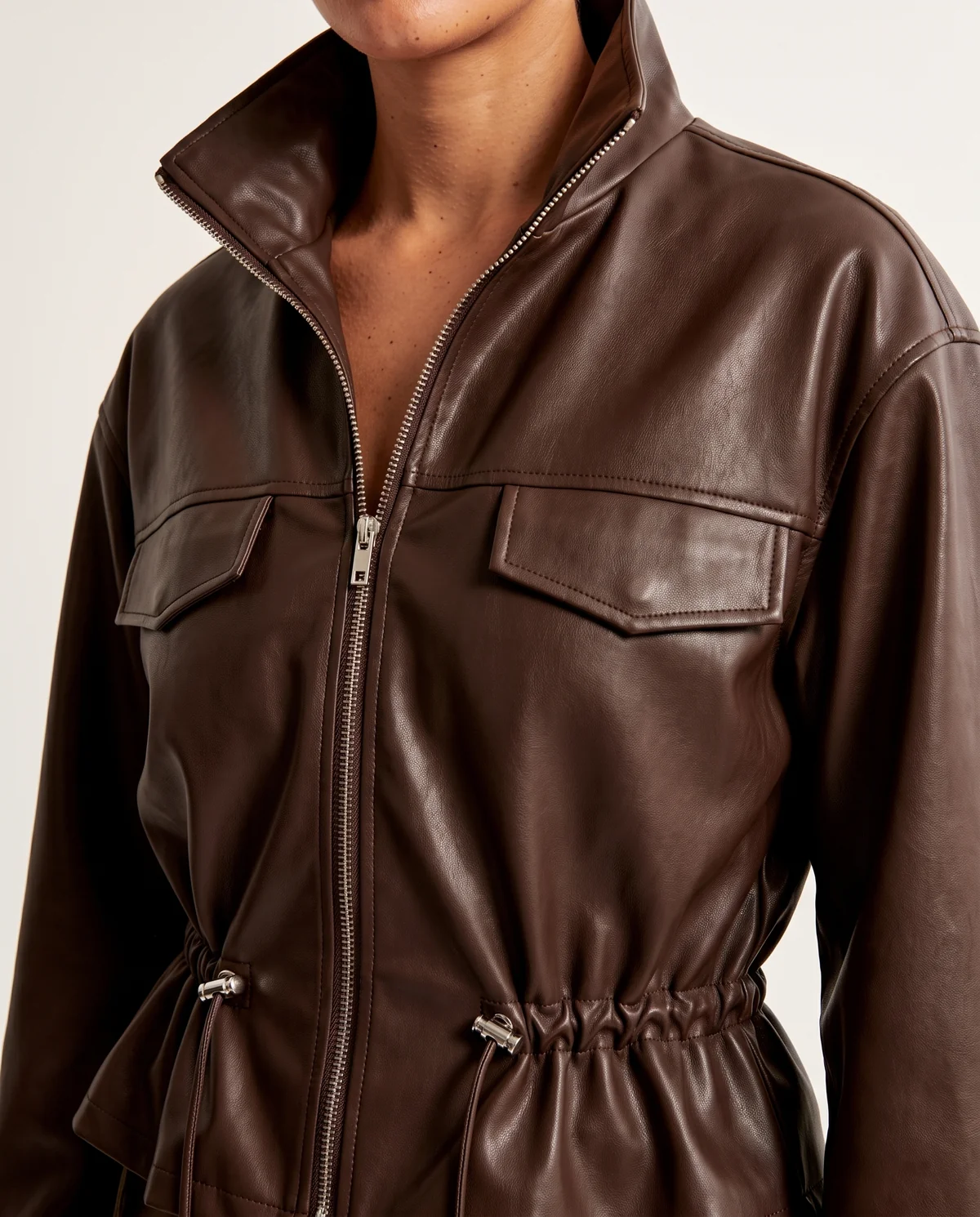 Faux Leather Drawstring-Waist Zip Jacket in Chocolate, close-up of the detail