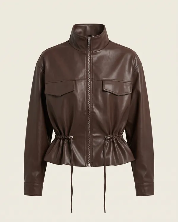 Faux Leather Drawstring-Waist Zip Jacket in Chocolate, product shot on a plain background