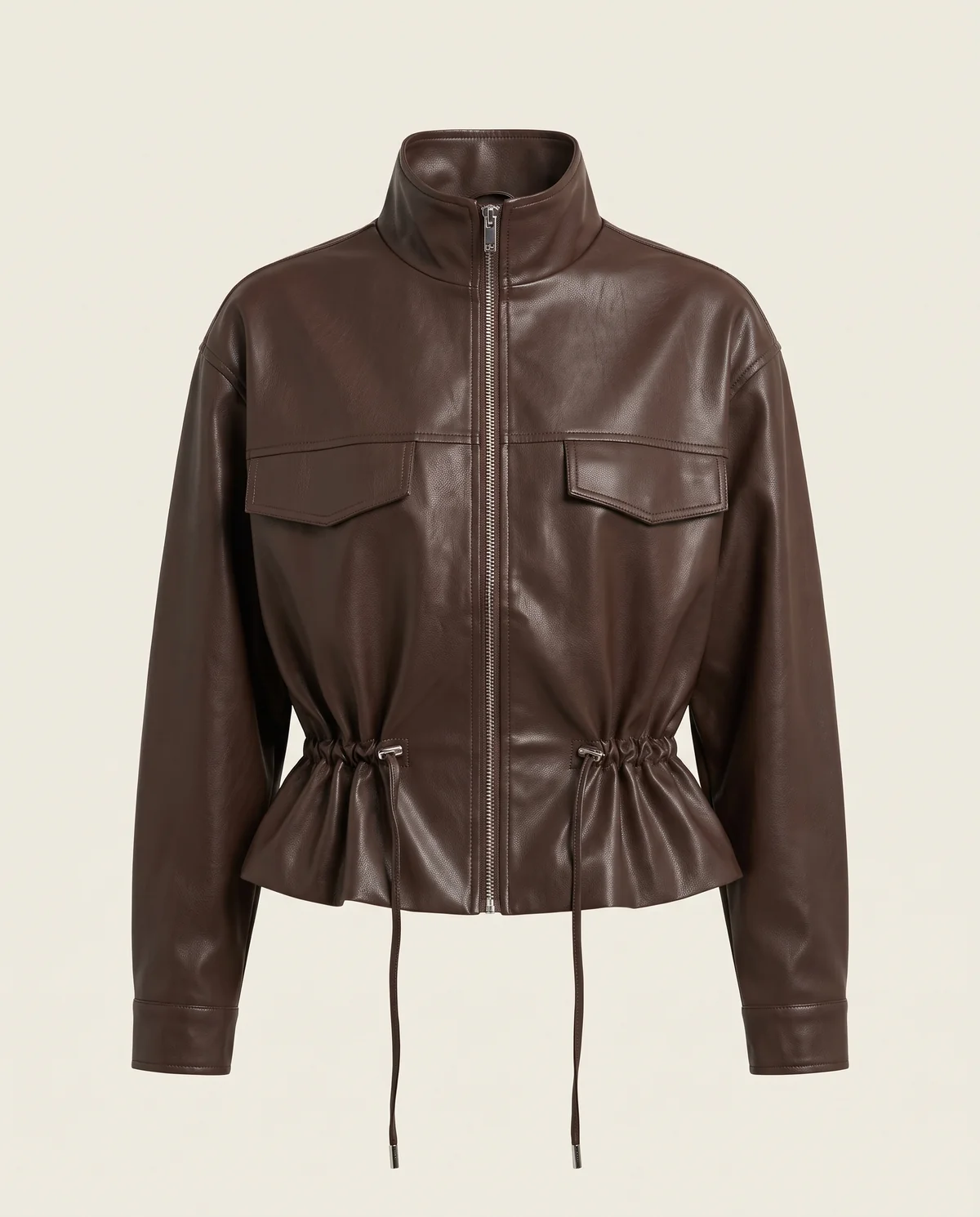 Faux Leather Drawstring-Waist Zip Jacket in Chocolate, product shot on a plain background