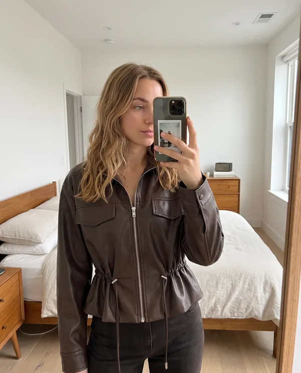 Satin Eve styling: Faux Leather Drawstring-Waist Zip Jacket