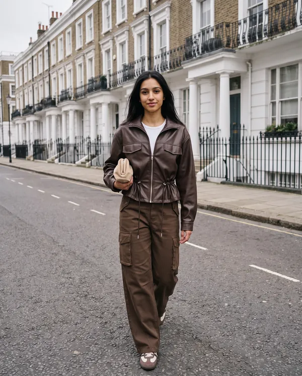 Satin Eve styling: Faux Leather Drawstring-Waist Zip Jacket