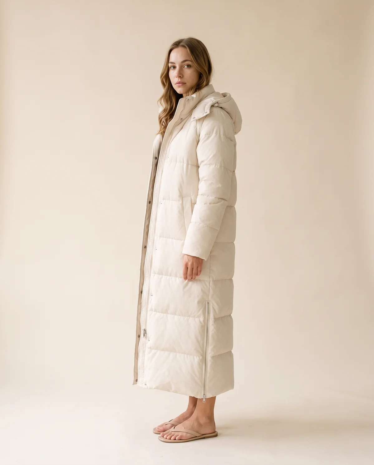 Maxi Puffer Coat with Side Zips in Cream, side view, worn by Ava