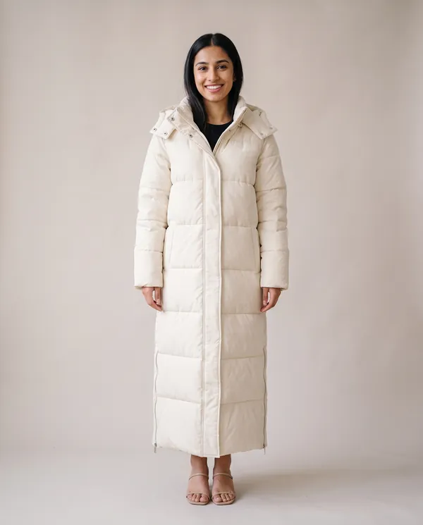 Maxi Puffer Coat with Side Zips in Cream, front view, worn by Priya