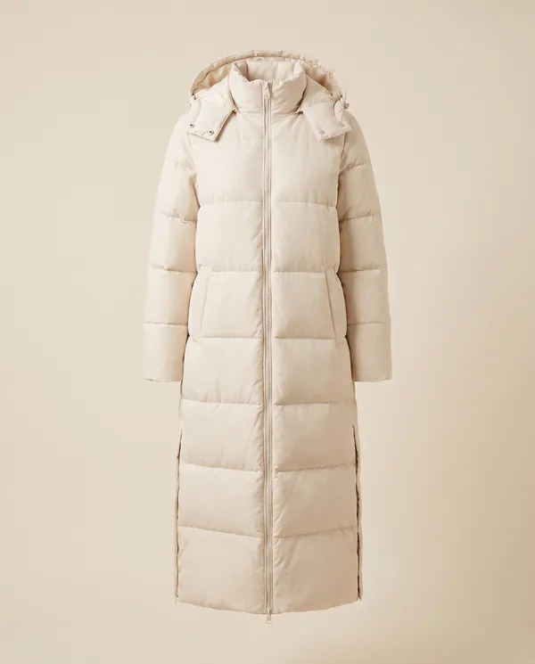 Maxi Puffer Coat with Side Zips in Cream, product shot on a plain background