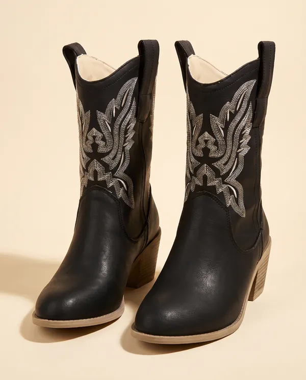 Black Embroidered Western Ankle Boot in Black, product shot on a plain background