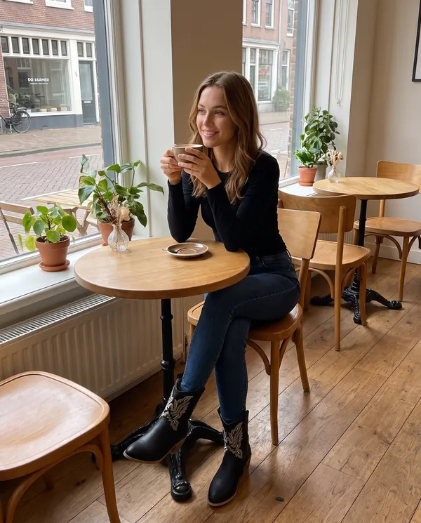 Satin Eve styling: Black Embroidered Western Ankle Boot