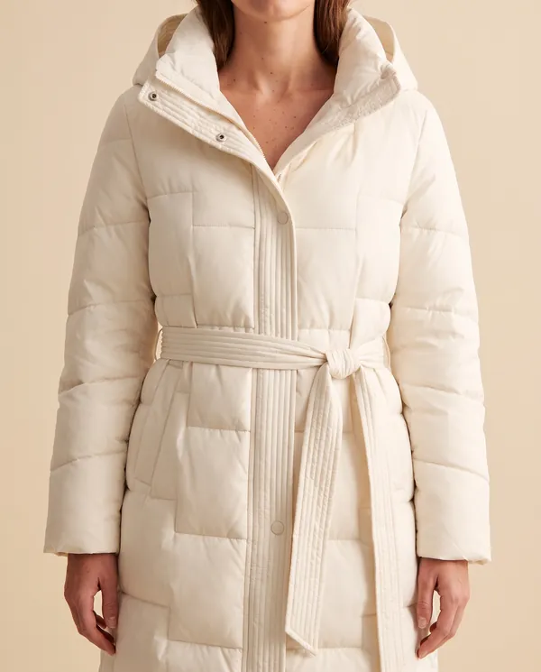 Belted Quilted Puffer Coat in Ivory, close-up of the detail