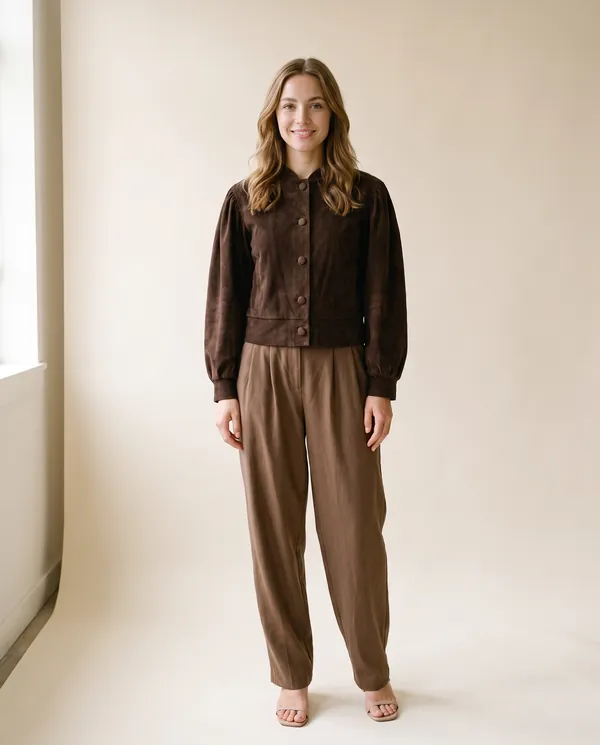 Faux Suede Puff-Sleeve Button Jacket in Chocolate, front view, worn by Ava