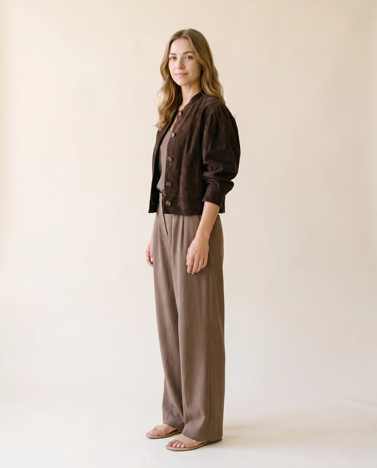 Faux Suede Puff-Sleeve Button Jacket in Chocolate, side view, worn by Ava