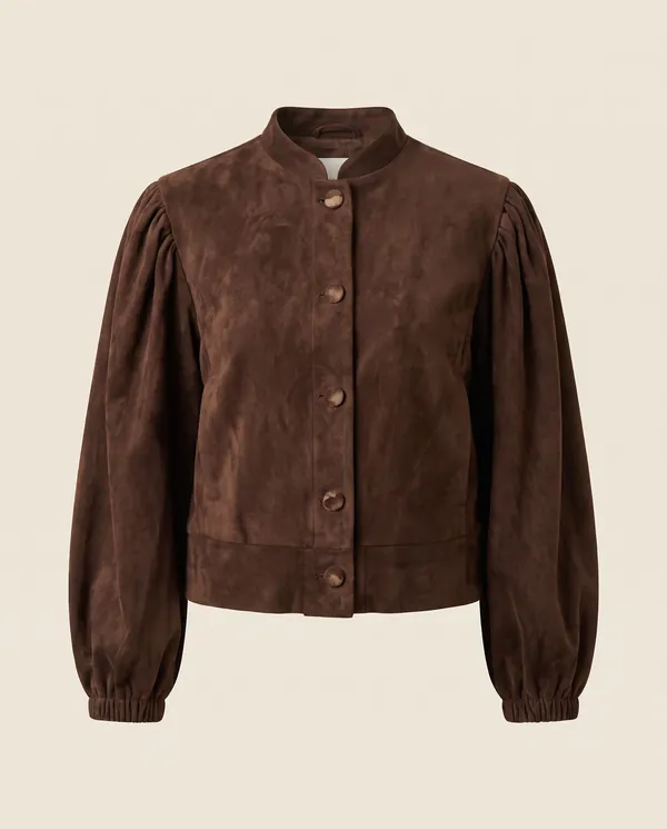 Faux Suede Puff-Sleeve Button Jacket in Chocolate, product shot on a plain background
