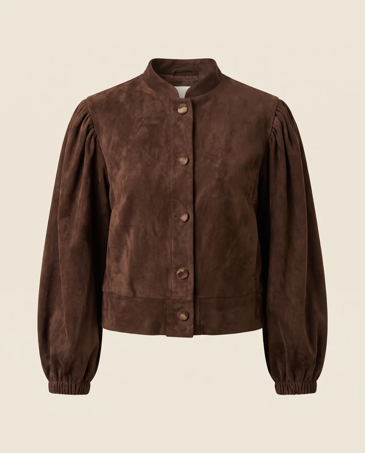 Faux Suede Puff-Sleeve Button Jacket in Chocolate, product shot on a plain background
