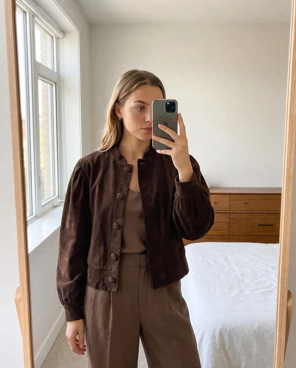 Satin Eve styling: Faux Suede Puff-Sleeve Button Jacket