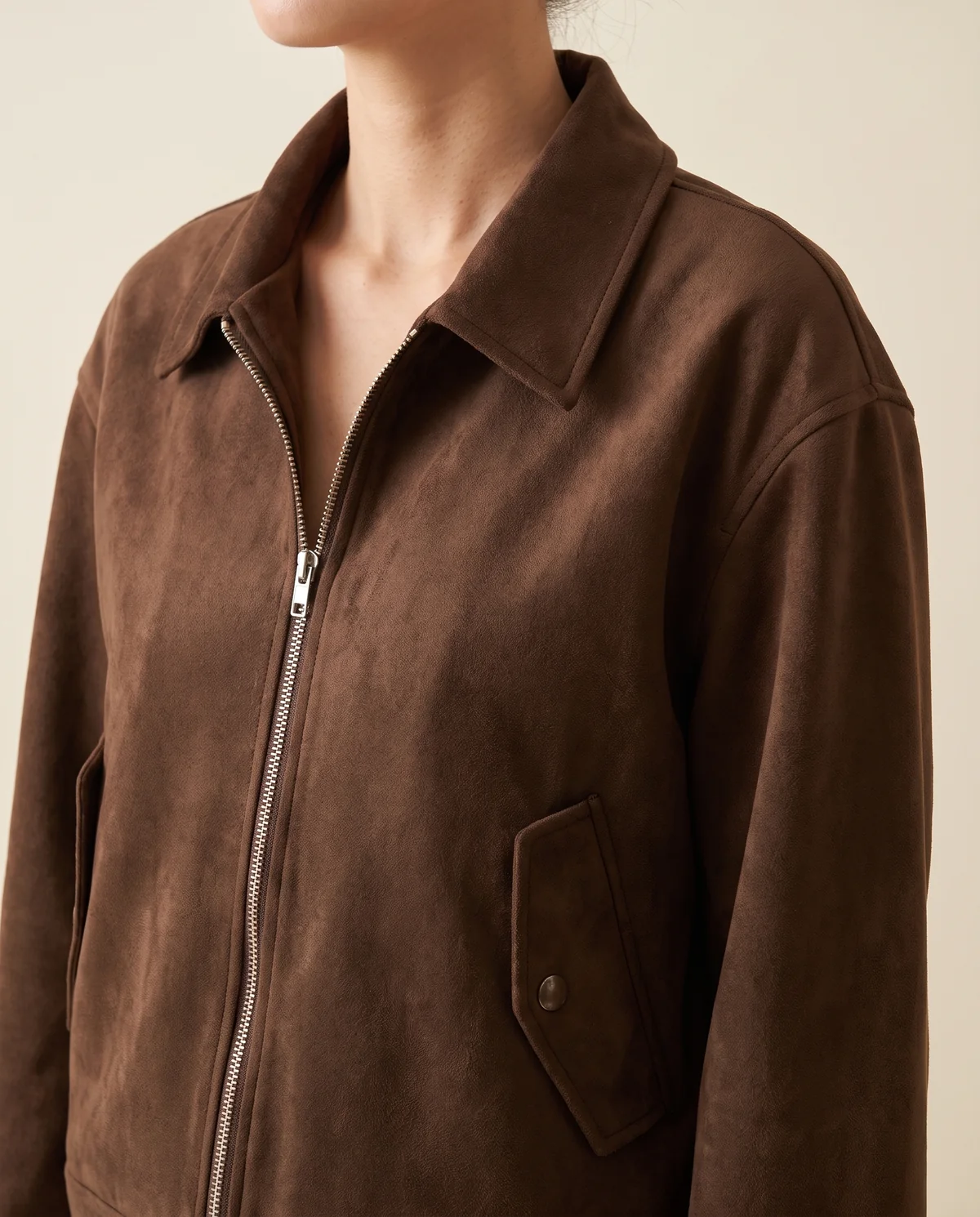Faux Suede Collared Zip Jacket in Chocolate, close-up of the detail