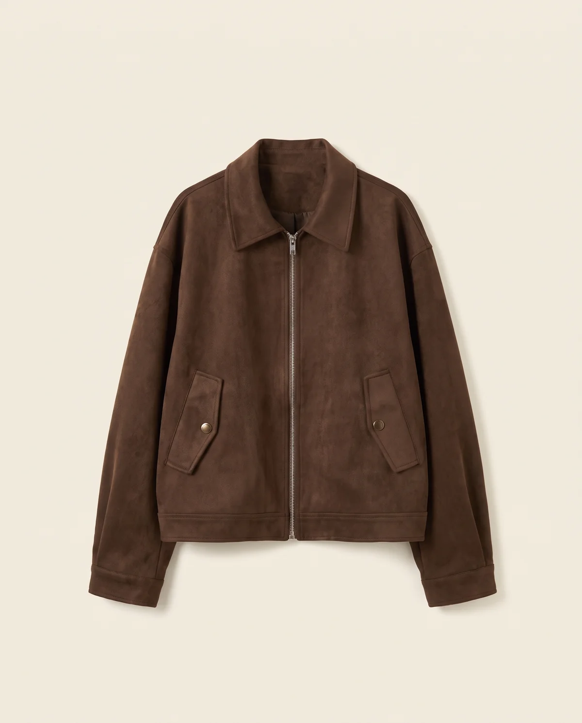 Faux Suede Collared Zip Jacket in Chocolate, product shot on a plain background