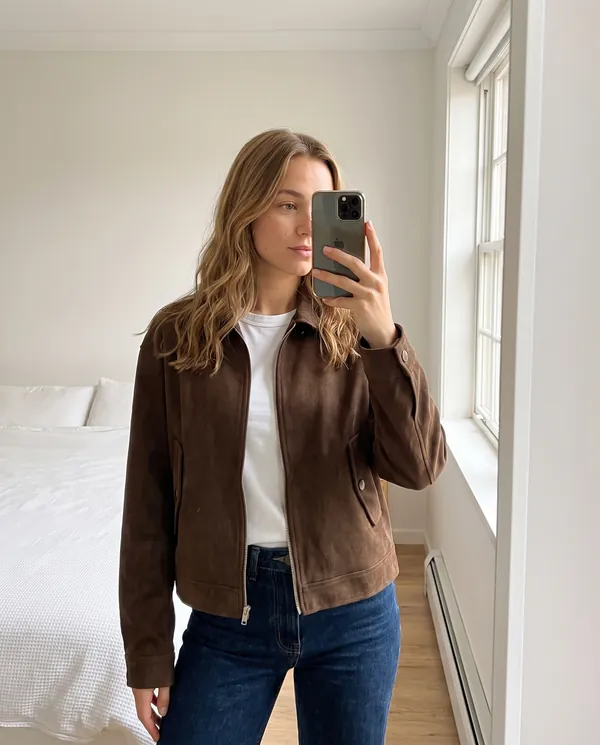 Satin Eve styling: Faux Suede Collared Zip Jacket