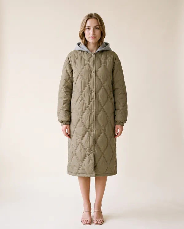 Diamond-Quilted Coat with Jersey Hood in Olive, front view, worn by Ava