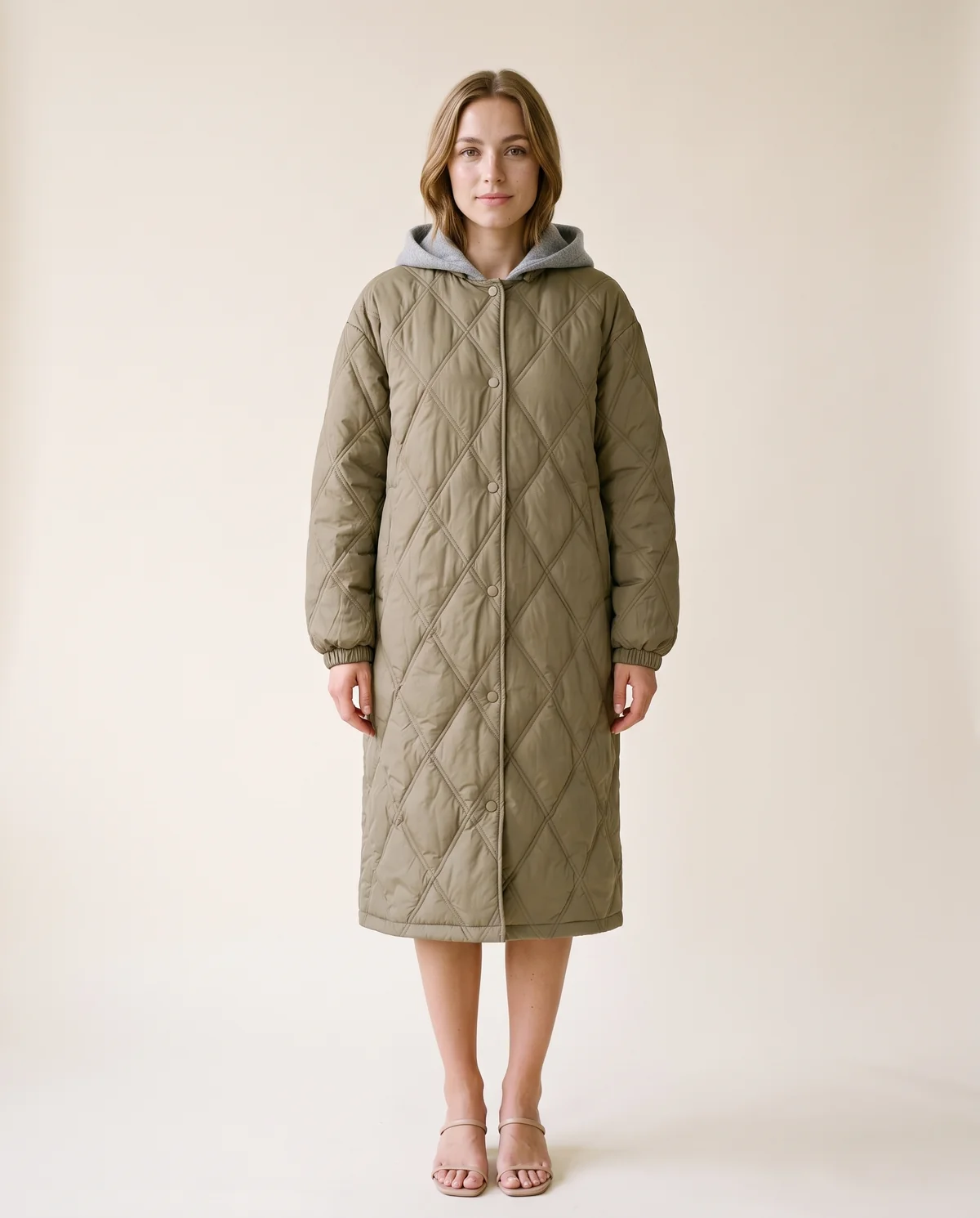 Diamond-Quilted Coat with Jersey Hood in Olive, front view, worn by Ava