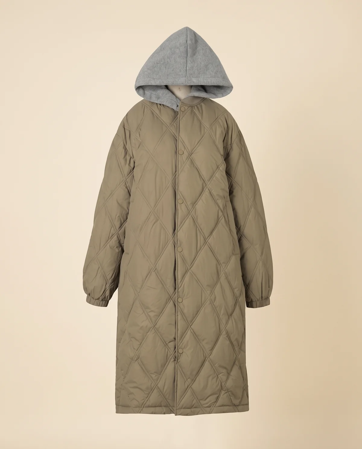 Diamond-Quilted Coat with Jersey Hood in Olive, product shot on a plain background
