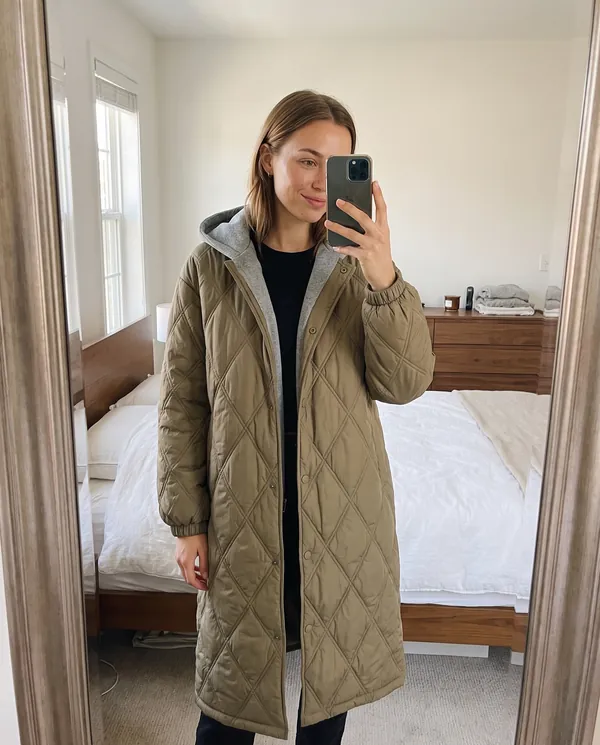 Satin Eve styling: Diamond-Quilted Coat with Jersey Hood