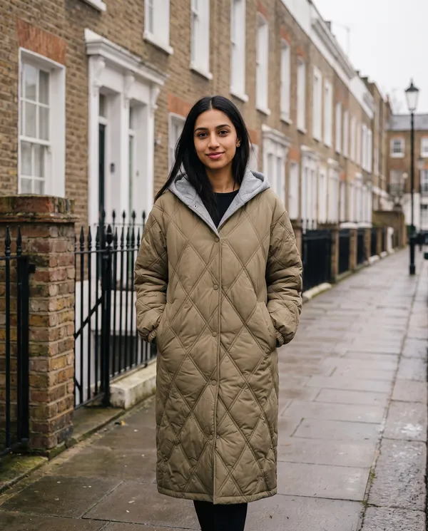 Satin Eve styling: Diamond-Quilted Coat with Jersey Hood
