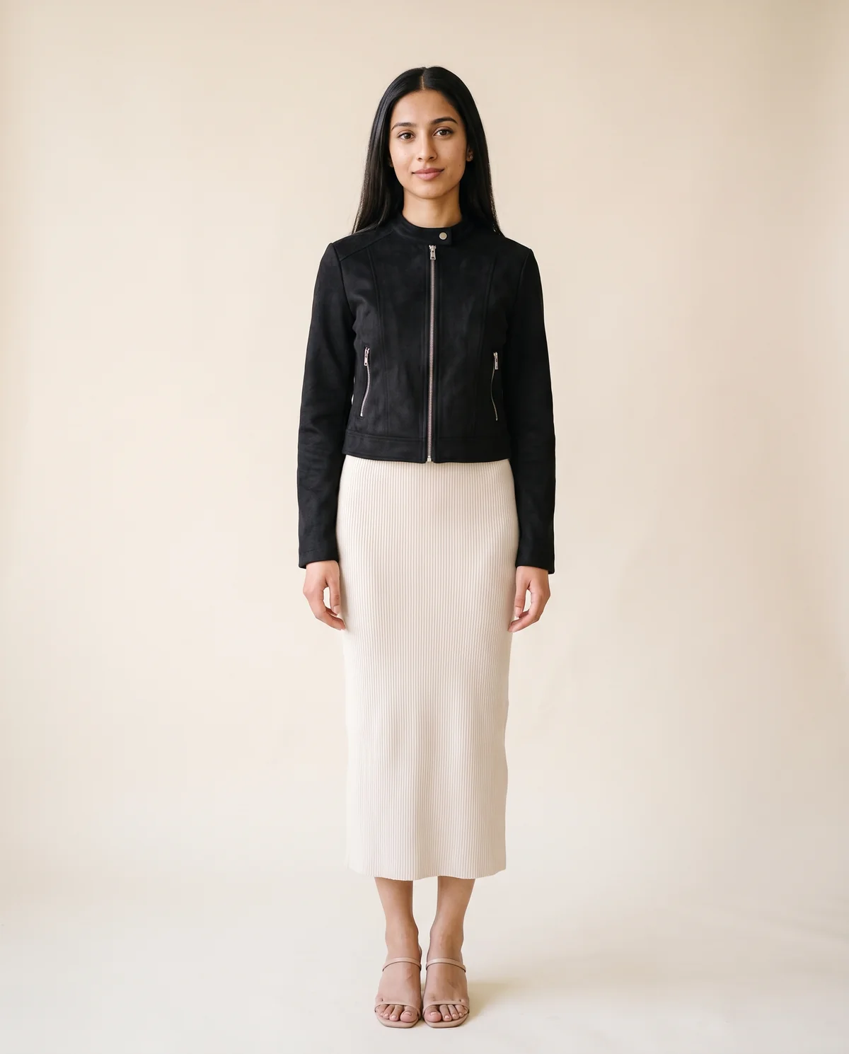 Faux Suede Zip Moto Jacket in Black, front view, worn by Priya