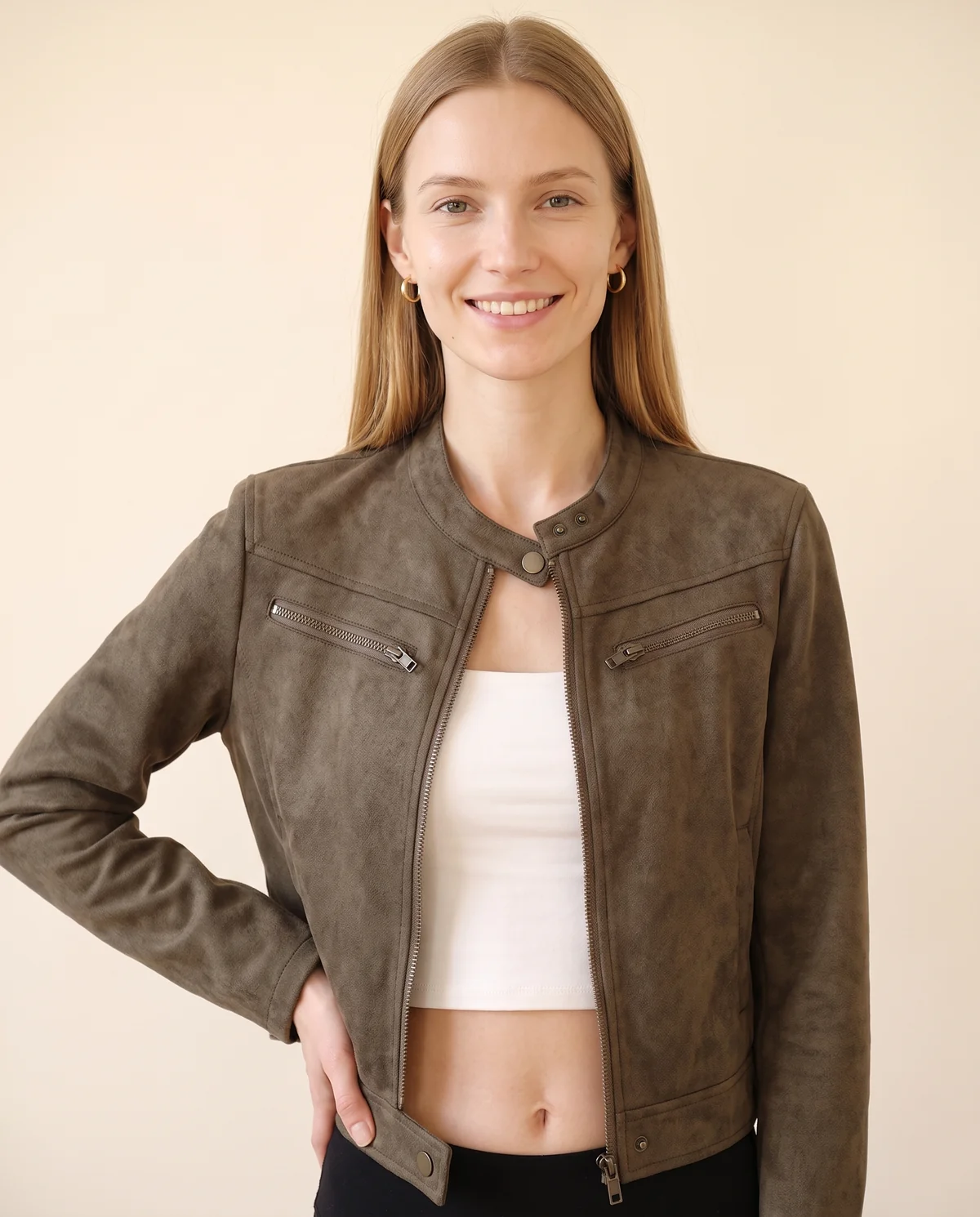Faux Suede Zip Moto Jacket in Olive, front view, worn by Maya