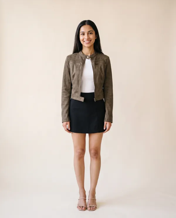 Faux Suede Zip Moto Jacket in Olive, front view, worn by Priya