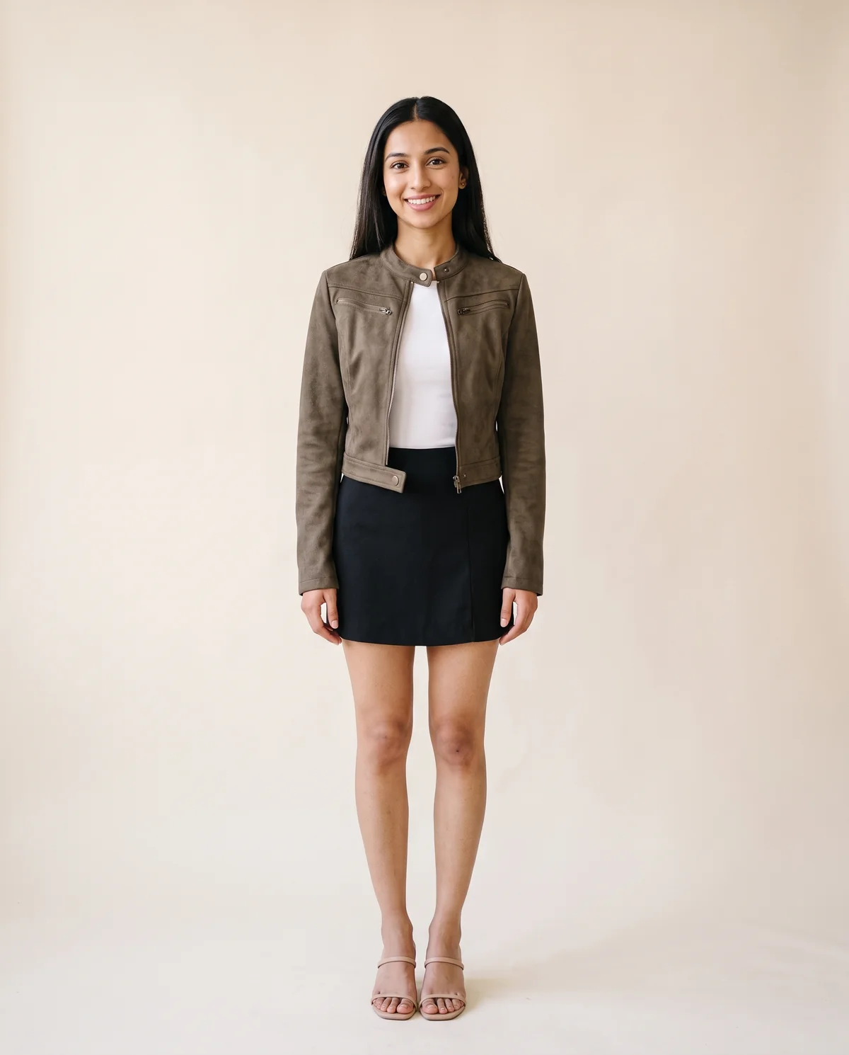 Faux Suede Zip Moto Jacket in Olive, front view, worn by Priya