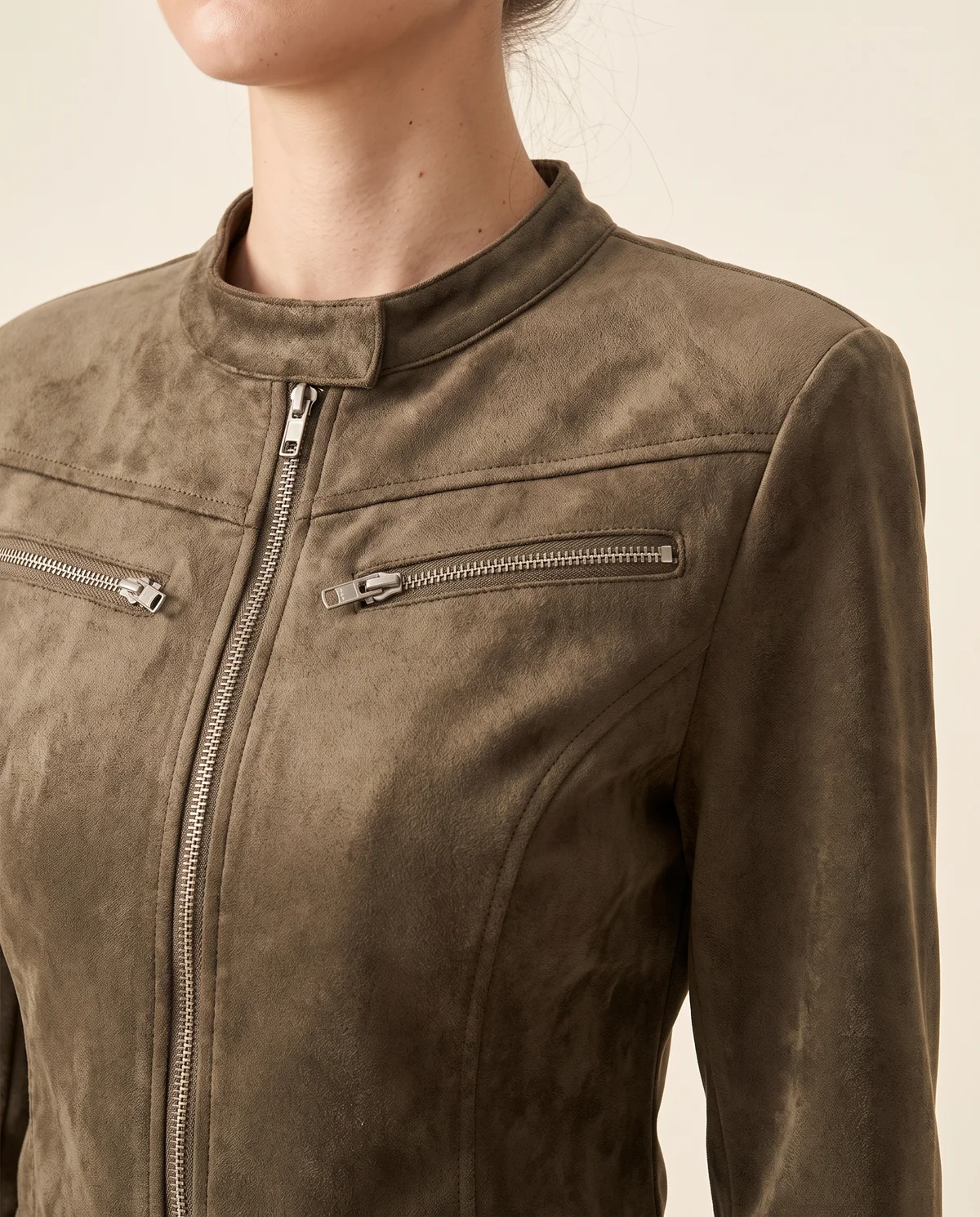 Faux Suede Zip Moto Jacket in Olive, close-up of the detail