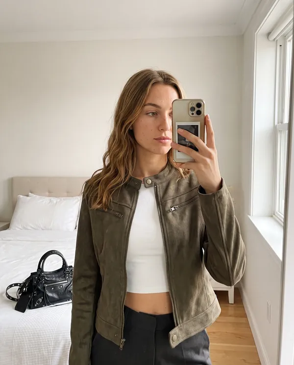 Satin Eve styling: Faux Suede Zip Moto Jacket
