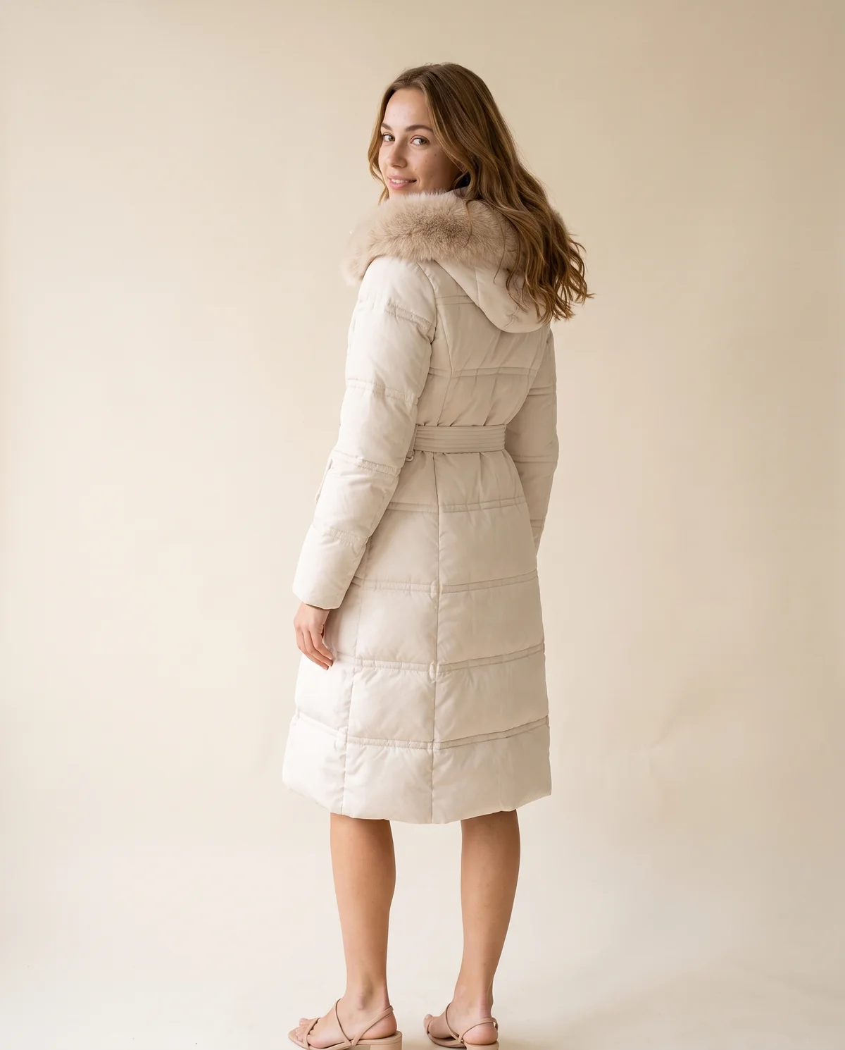 Faux Fur Hood Belted Puffer Coat in Ivory, back view, worn by Ava