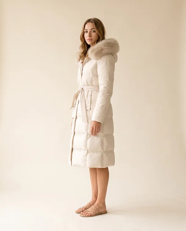Faux Fur Hood Belted Puffer Coat in Ivory, side view, worn by Ava