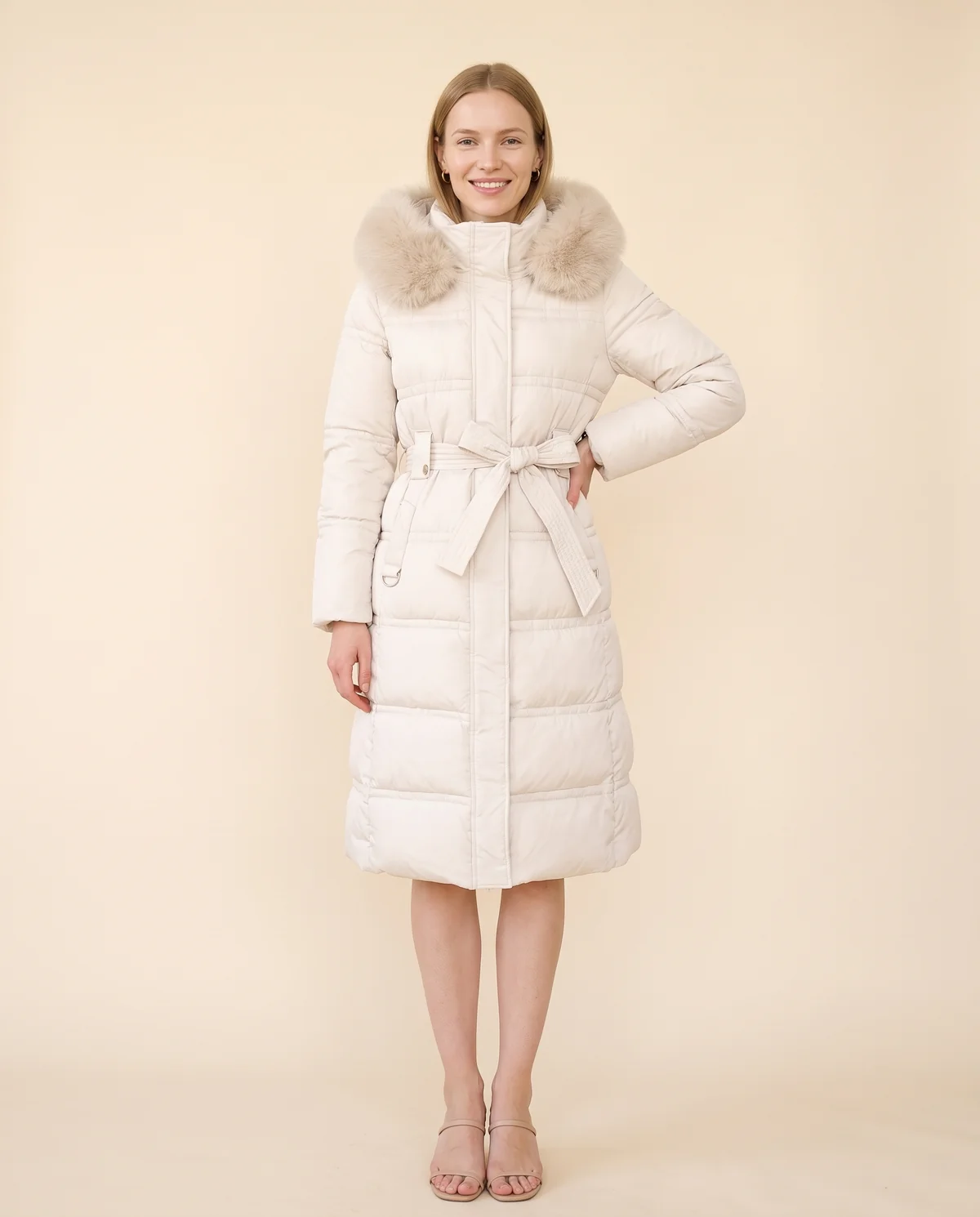 Faux Fur Hood Belted Puffer Coat in Ivory, front view, worn by Maya