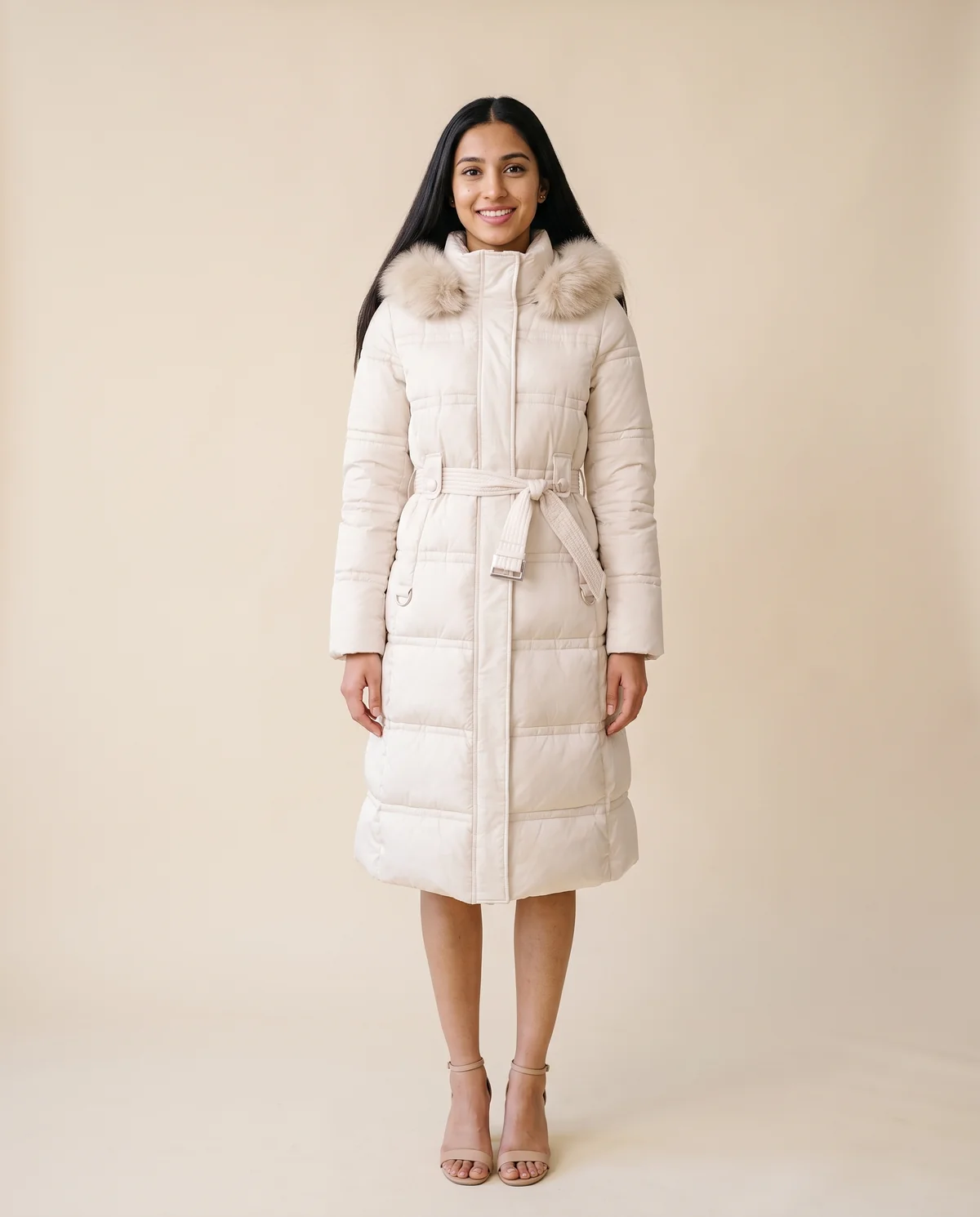 Faux Fur Hood Belted Puffer Coat in Ivory, front view, worn by Priya