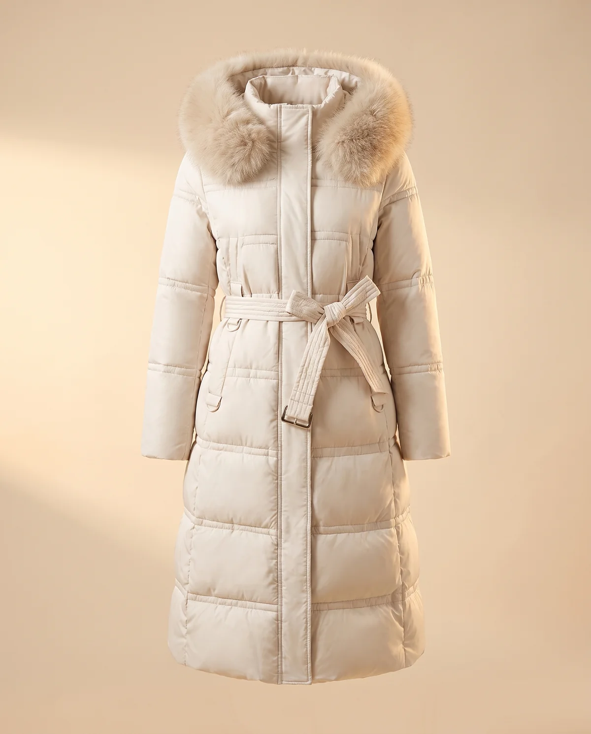 Faux Fur Hood Belted Puffer Coat in Ivory, product shot on a plain background