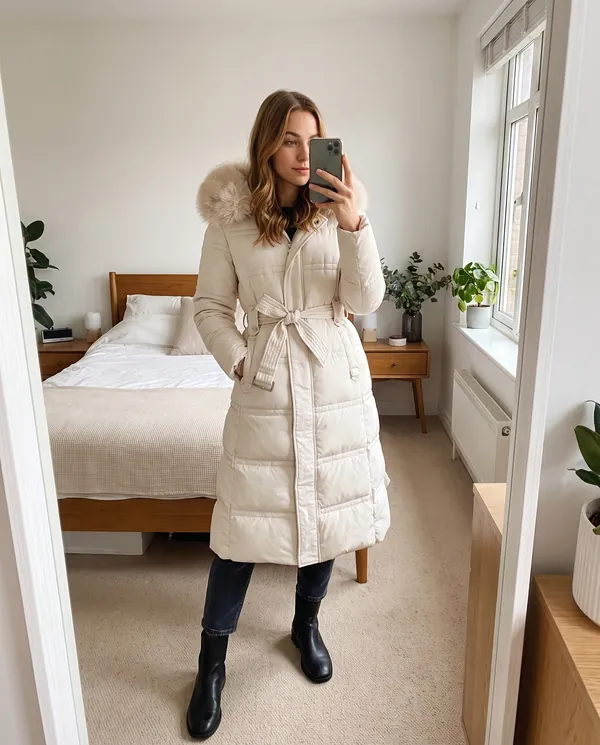 Satin Eve styling: Faux Fur Hood Belted Puffer Coat