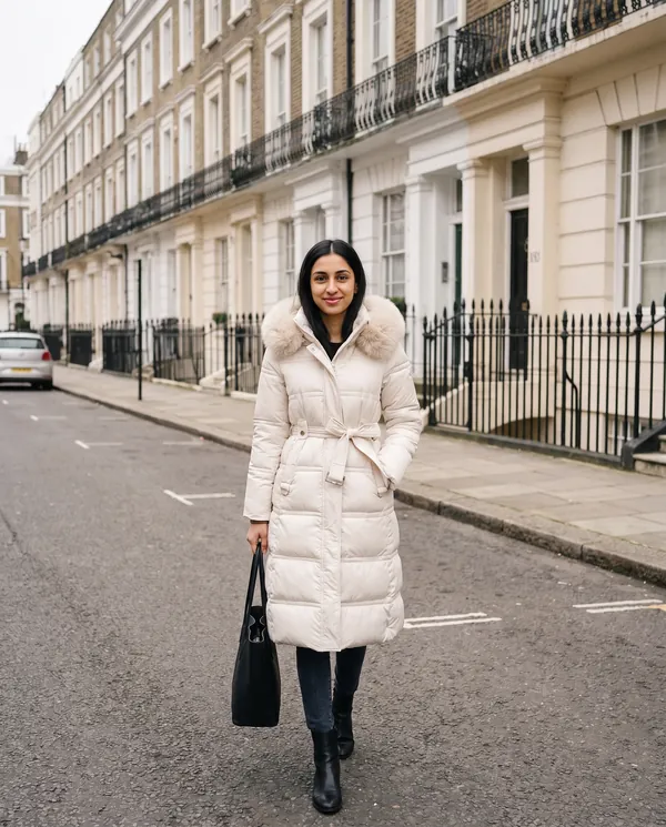 Satin Eve styling: Faux Fur Hood Belted Puffer Coat