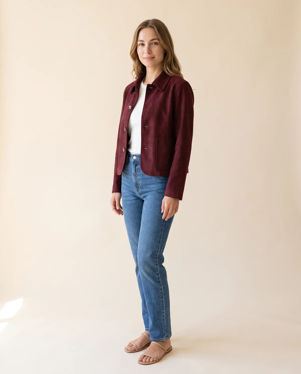 Faux Suede Collared Button Jacket in Burgundy, side view, worn by Ava