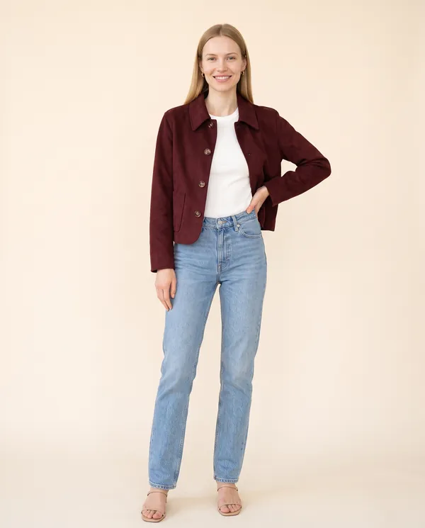 Faux Suede Collared Button Jacket in Burgundy, front view, worn by Maya