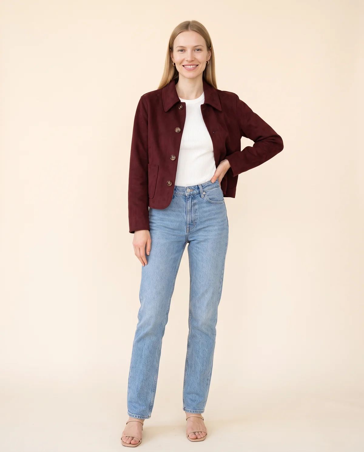 Faux Suede Collared Button Jacket in Burgundy, front view, worn by Maya
