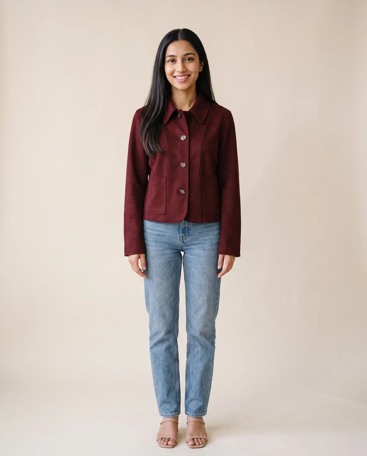 Faux Suede Collared Button Jacket in Burgundy, front view, worn by Priya