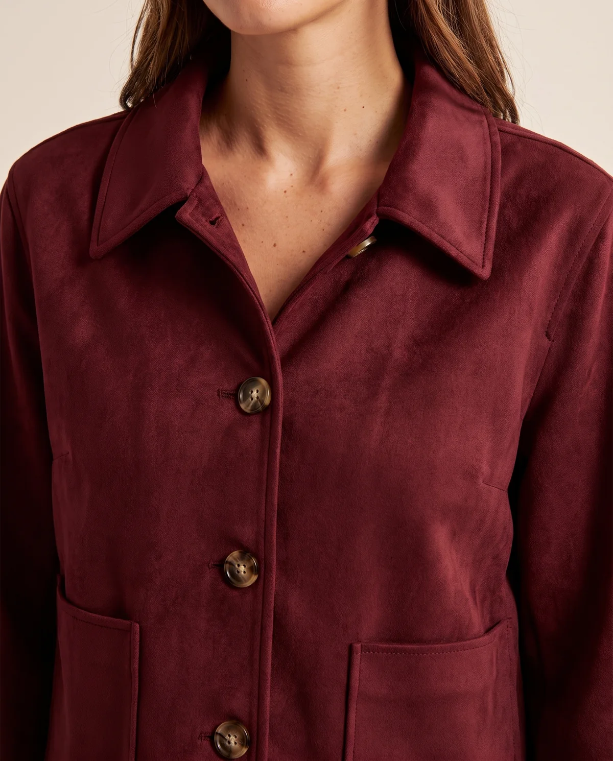 Faux Suede Collared Button Jacket in Burgundy, close-up of the detail