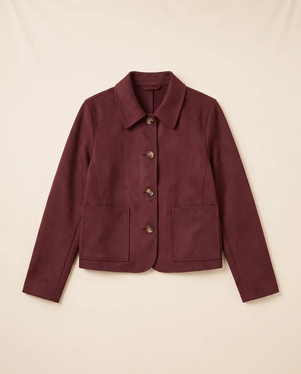 Faux Suede Collared Button Jacket in Burgundy, product shot on a plain background