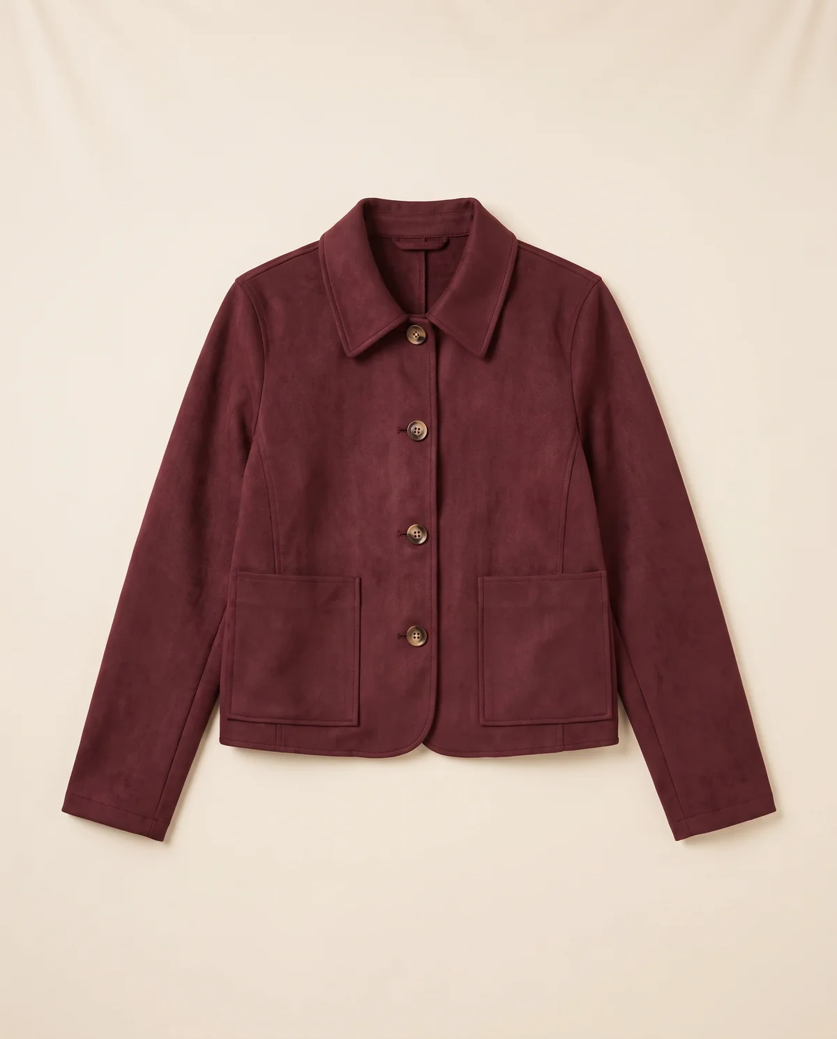 Faux Suede Collared Button Jacket in Burgundy, product shot on a plain background