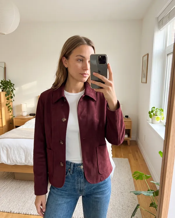 Satin Eve styling: Faux Suede Collared Button Jacket