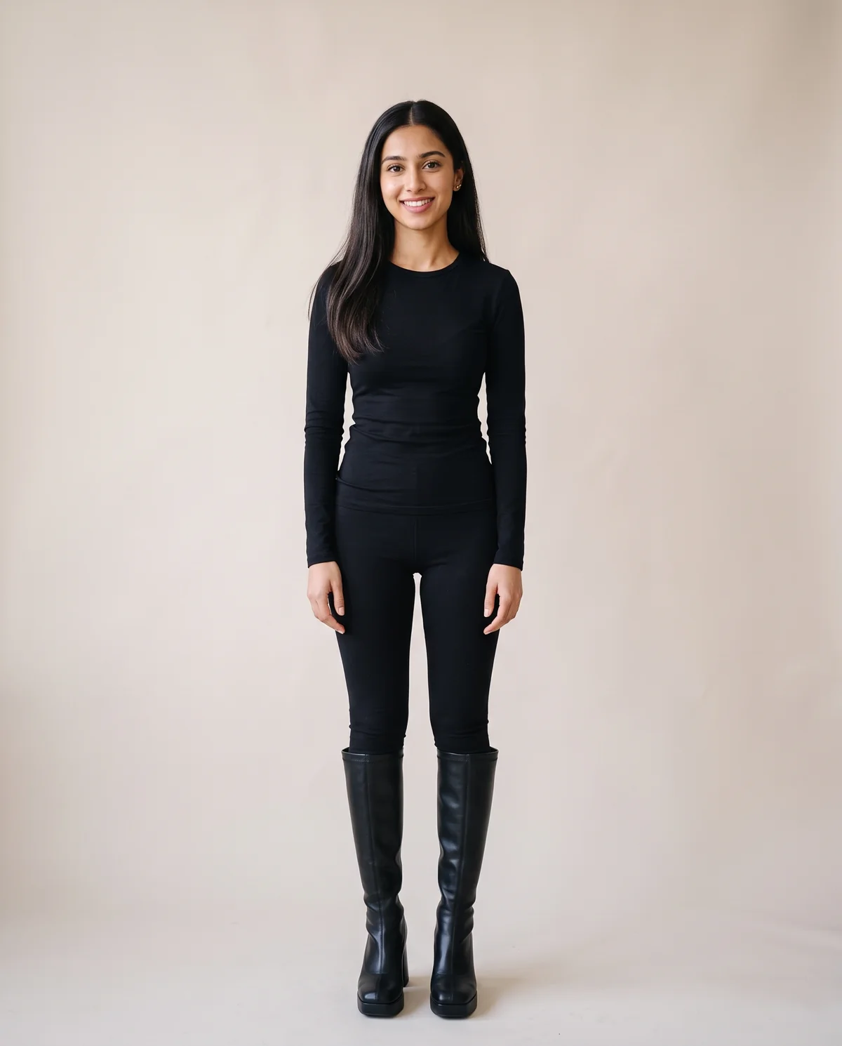 Platform Stretch Knee-High Boot in Black, front view, worn by Priya