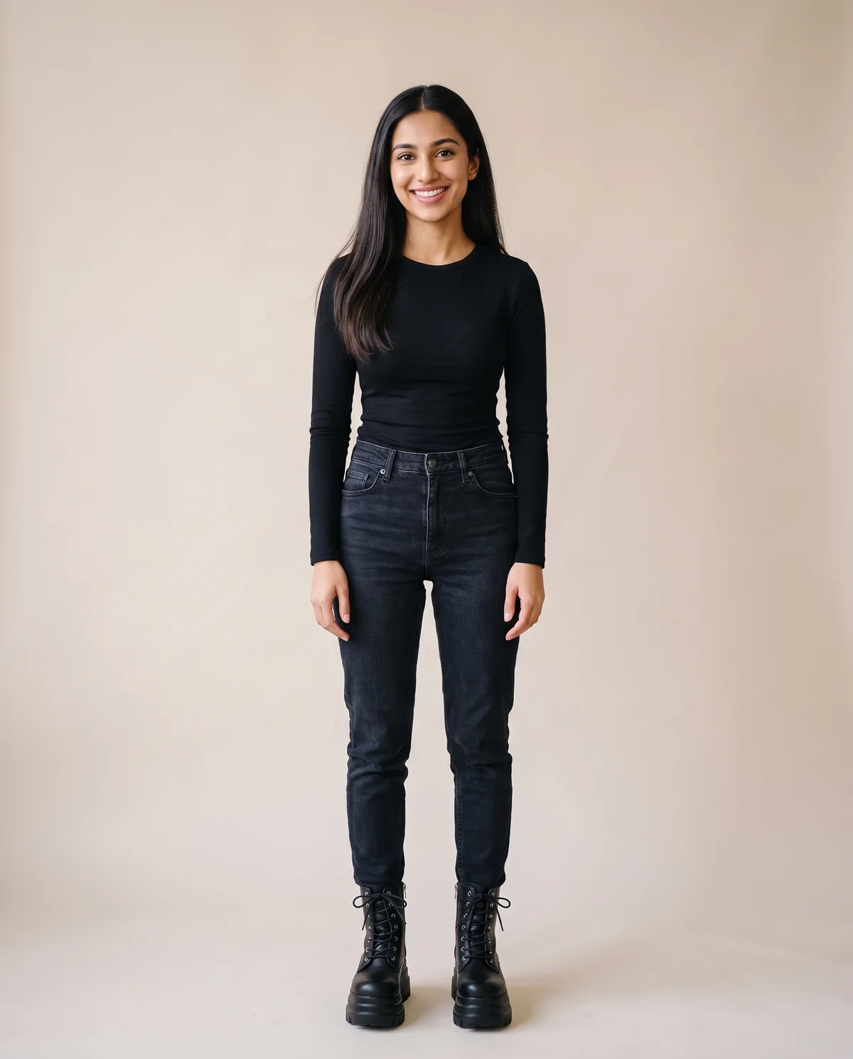 Lace-Up Platform Ankle Boot in Black, front view, worn by Priya