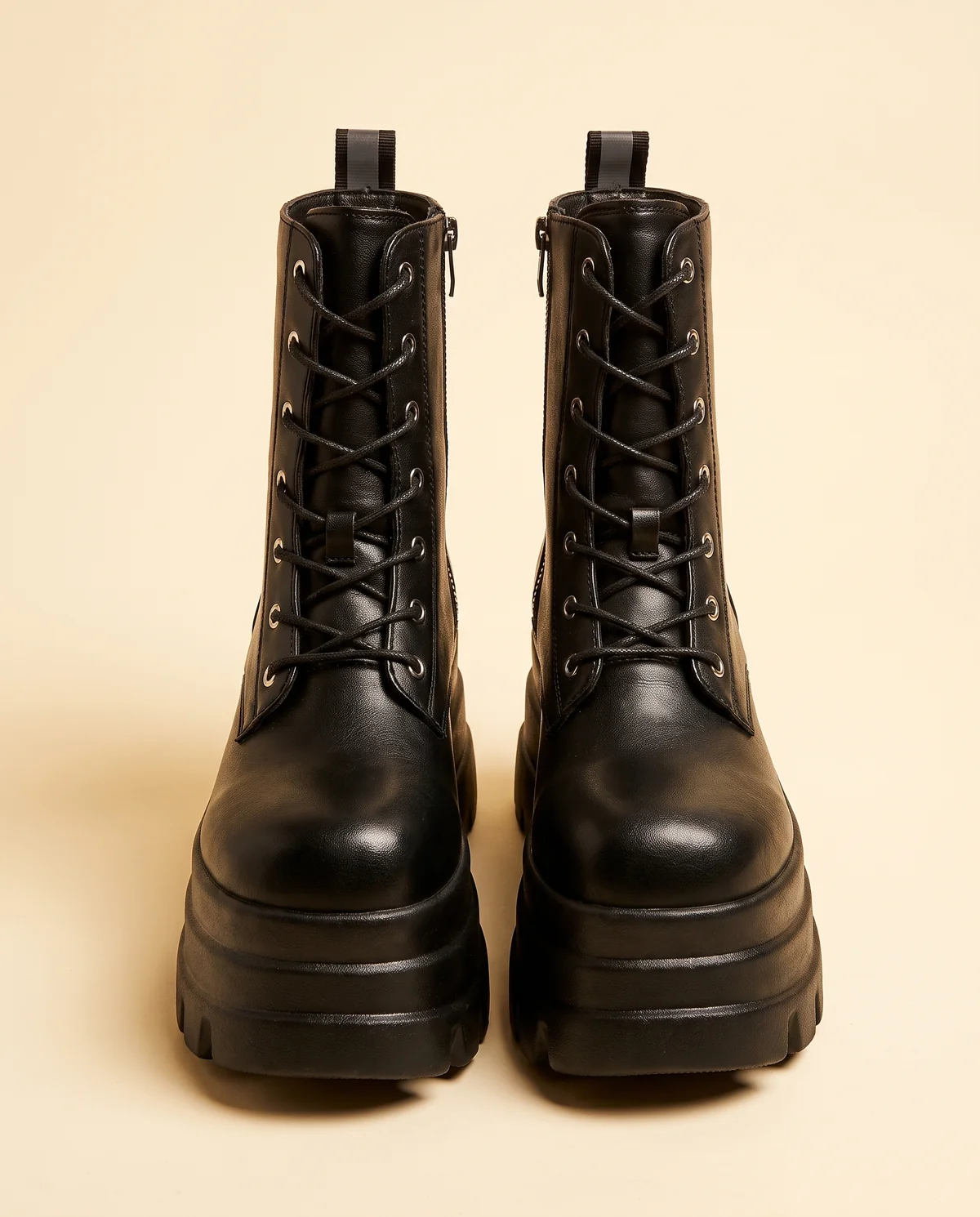 Lace-Up Platform Ankle Boot in Black, product shot on a plain background