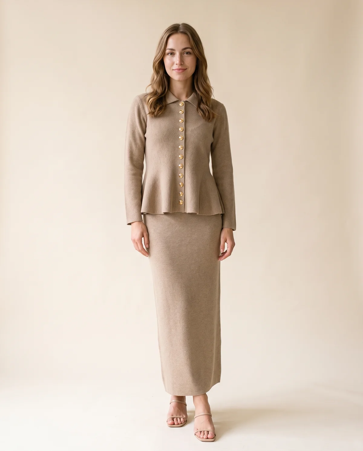 Collared Gold Button Cardigan and Knit Skirt Set in Camel, front view, worn by Ava