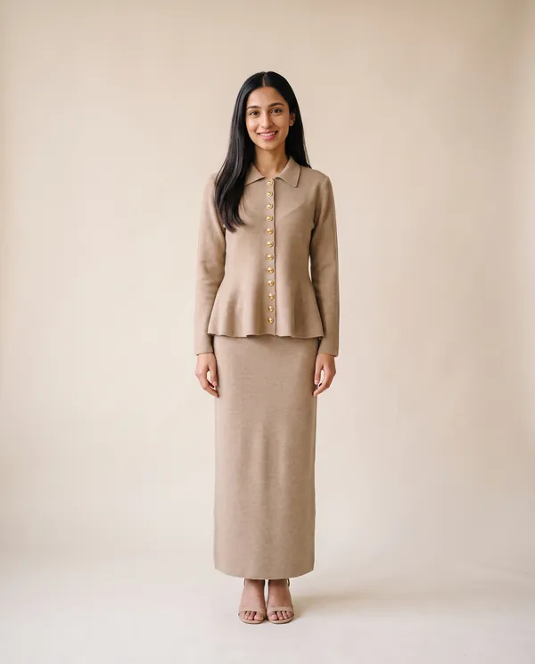 Collared Gold Button Cardigan and Knit Skirt Set in Camel, front view, worn by Priya